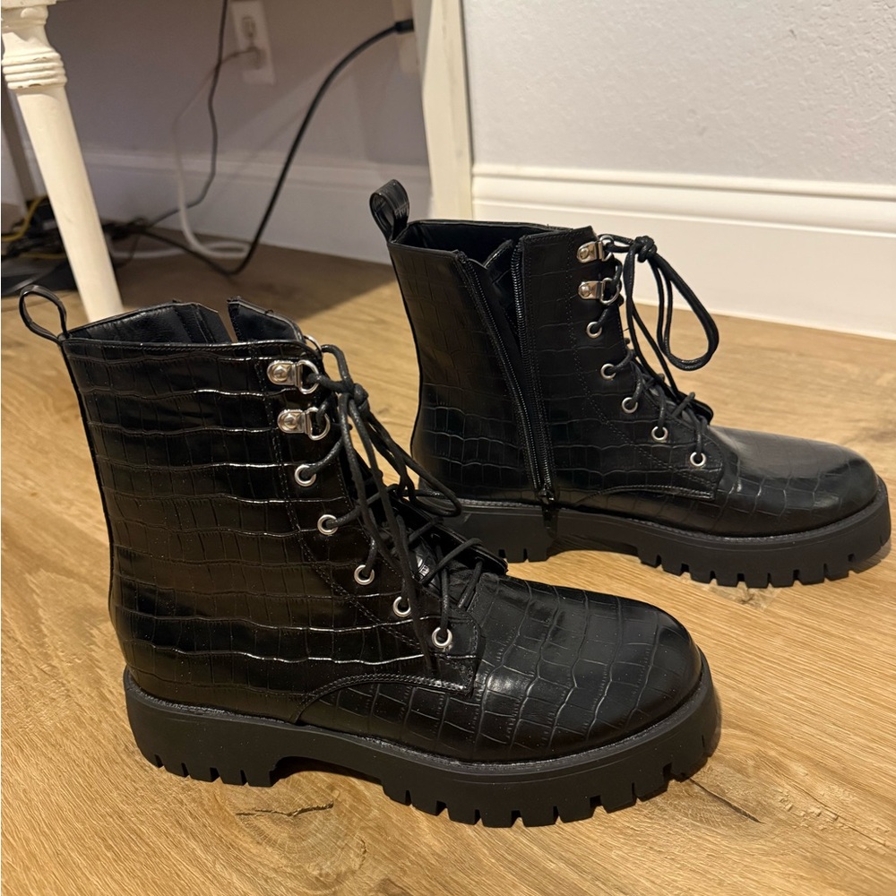 Black Croc-Embossed Lace-Up Ankle Boots